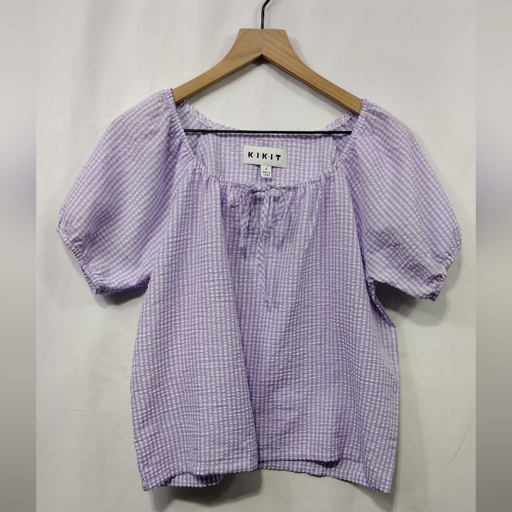 Kikit Gingham Babydoll Top Women's S Purple White Preppy Cottagecore Peasant